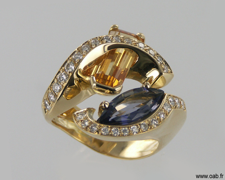 bague topaze noble, cordiérite et diamants